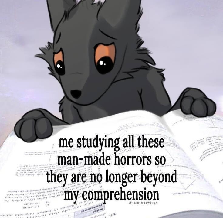 me studying all these man-made horrors so they are no longer beyond my comprehension