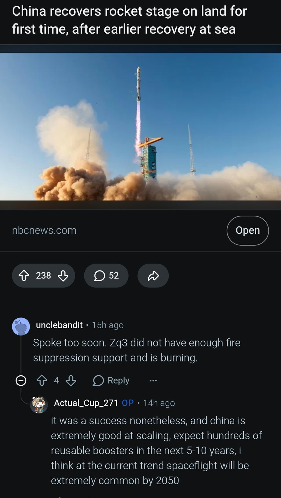 China recovers rocket stage on land for first time, after earlier recovery at sea. Spoke too soon. Zq3 did not have enough fire suppression support and is burning. It was a success nonetheless, and China is extremely good at scaling, expect hundreds of reusable boosters in the next 5-10 years, I think at the current trend spaceflight will be extrem