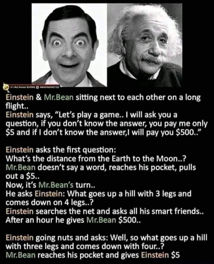 Einstein and Mr. Bean are sitting next to each other on a long flight. Einstein proposes a game: if he asks a question and Mr. Bean doesn't know the answer, Mr. Bean pays $5. If Mr. Bean asks a question and Einstein doesn't know the answer, Einstein pays $500. Einstein asks: 'What's the distance from the Earth to the Moon?' Mr. Bean silently pays $
