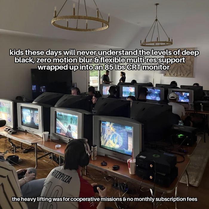 kids these days will never understand the levels of deep black, zero motion blur & flexible multi-res support wrapped up into an 85 lbs CRT monitor the heavy lifting was for cooperative missions & no monthly subscription fees