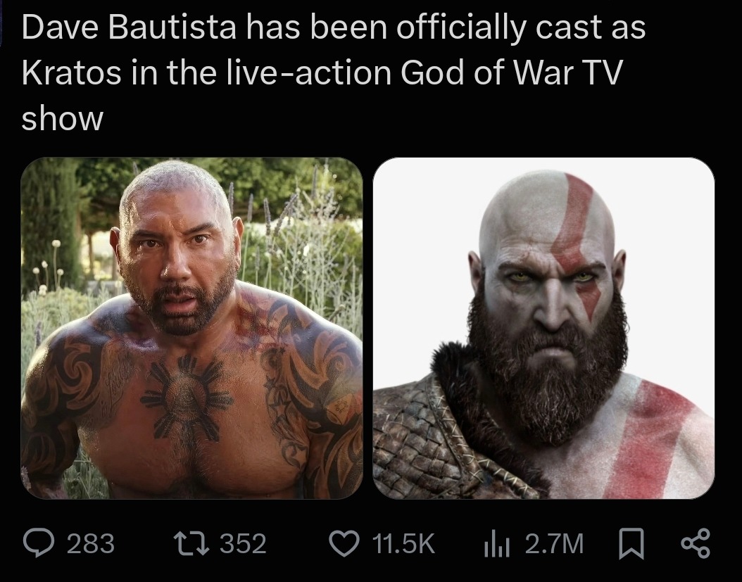 Dave Bautista has been officially cast as Kratos in the live-action God of War TV show