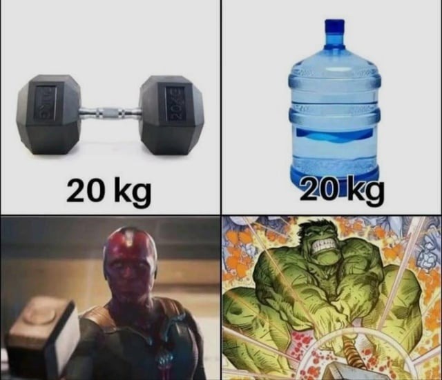 20 kg. A dumbbell and a water bottle are both shown with '20 kg' labels. Below, Vision is seen holding Thor's hammer Mjolnir, while Hulk is struggling to lift it.