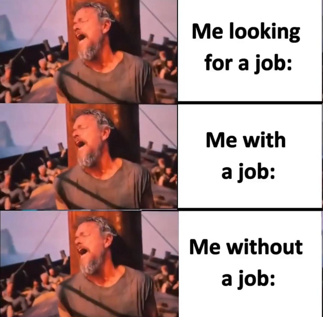 Me looking for a job: Me with a job: Me without a job: