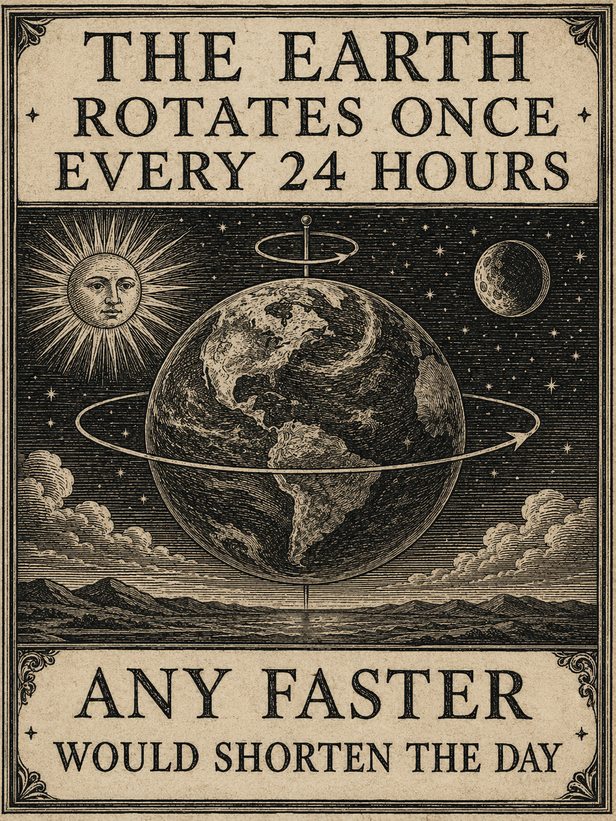 THE EARTH ROTATES ONCE EVERY 24 HOURS ANY FASTER WOULD SHORTEN THE DAY