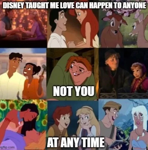 DISNEY TAUGHT ME LOVE CAN HAPPEN TO ANYONE NOT YOU AT ANY TIME