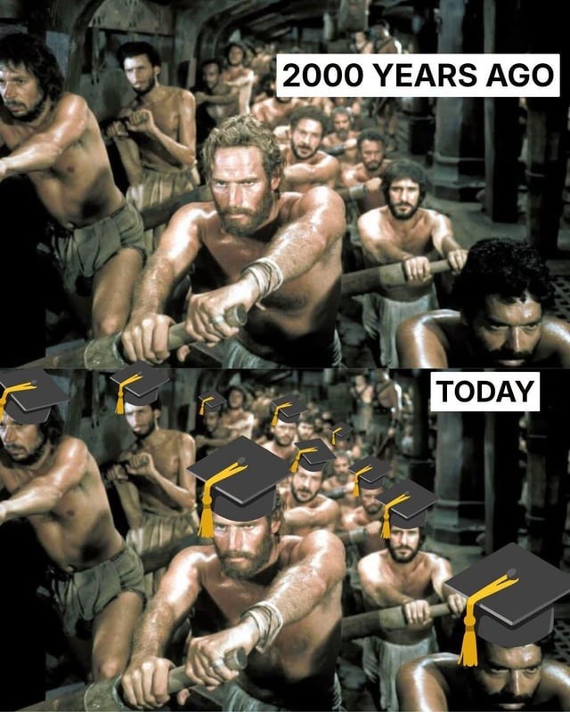2000 YEARS AGO. TODAY. The image shows men rowing a ship, and in the bottom panel, they are wearing graduation caps.