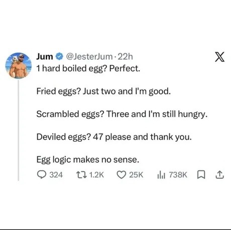 1 hard boiled egg? Perfect. Fried eggs? Just two and I'm good. Scrambled eggs? Three and I'm still hungry. Deviled eggs? 47 please and thank you. Egg logic makes no sense.