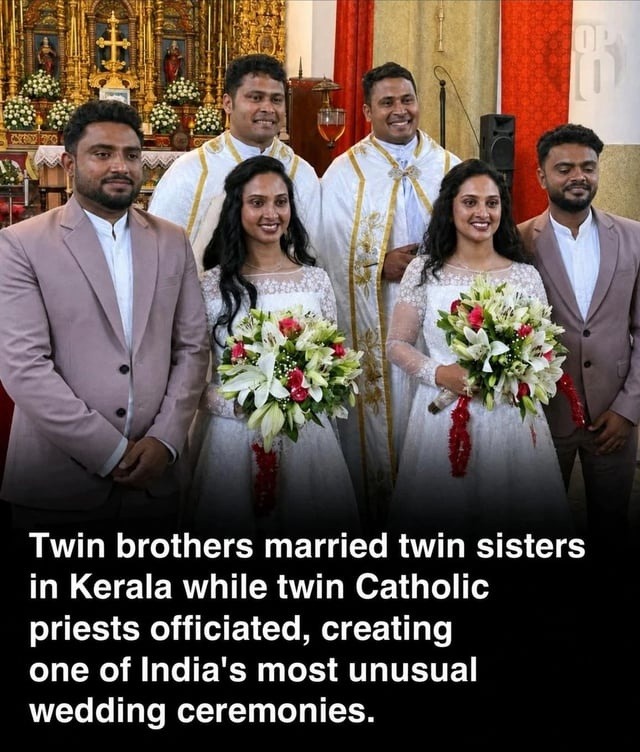 Twin brothers married twin sisters in Kerala while twin Catholic priests officiated, creating one of India's most unusual wedding ceremonies.