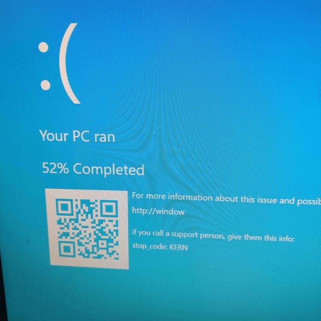 :( Your PC ran 52% Completed. For more information about this issue and possible solutions, visit http://windows.com/stopcode. If you call a support person, give them this info: stop_code: KERN