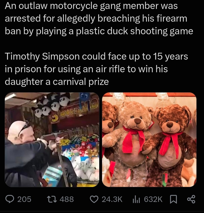 An outlaw motorcycle gang member was arrested for allegedly breaching his firearm ban by playing a plastic duck shooting game. Timothy Simpson could face up to 15 years in prison for using an air rifle to win his daughter a carnival prize.