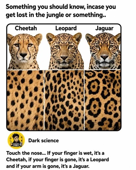 Something you should know, in case you get lost in the jungle or something. Cheetah Leopard Jaguar. Dark science. Touch the nose... If your finger is wet, it's a Cheetah, if your finger is gone, it's a Leopard and if your arm is gone, it's a Jaguar.