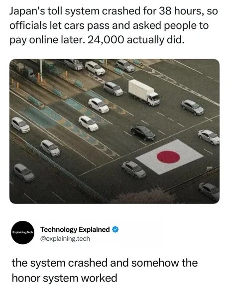 Japan's toll system crashed for 38 hours, so officials let cars pass and asked people to pay online later. 24,000 actually did.
Technology Explained
@explaining.tech
the system crashed and somehow the honor system worked