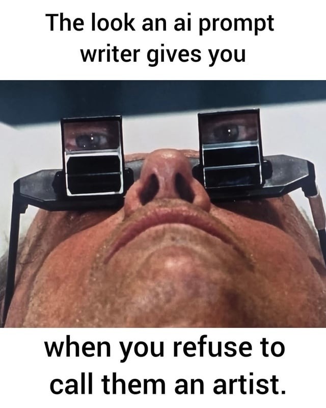 The look an ai prompt writer gives you when you refuse to call them an artist.