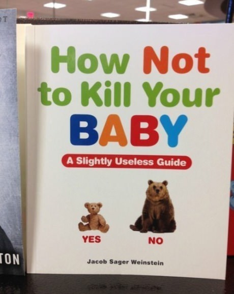 How Not to Kill Your BABY A Slightly Useless Guide YES NO Jacob Sager Weinstein. The image shows a book cover with a teddy bear and a real bear.
