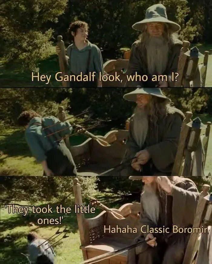 Hey Gandalf look, who am I? They took the little ones! Hahaha Classic Boromir