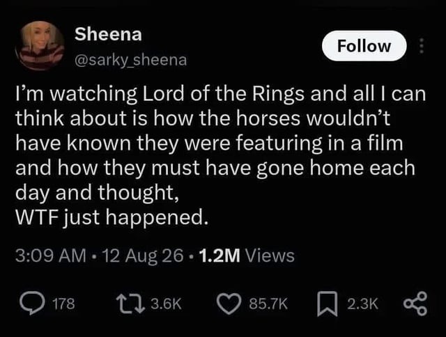I'm watching Lord of the Rings and all I can think about is how the horses wouldn't have known they were featuring in a film and how they must have gone home each day and thought, WTF just happened.
