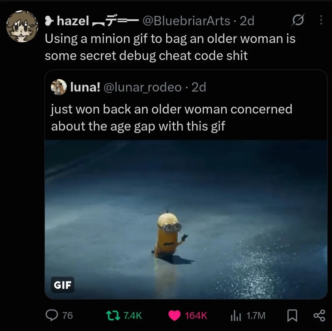 Using a minion gif to bag an older woman is some secret debug cheat code shit. just won back an older woman concerned about the age gap with this gif.