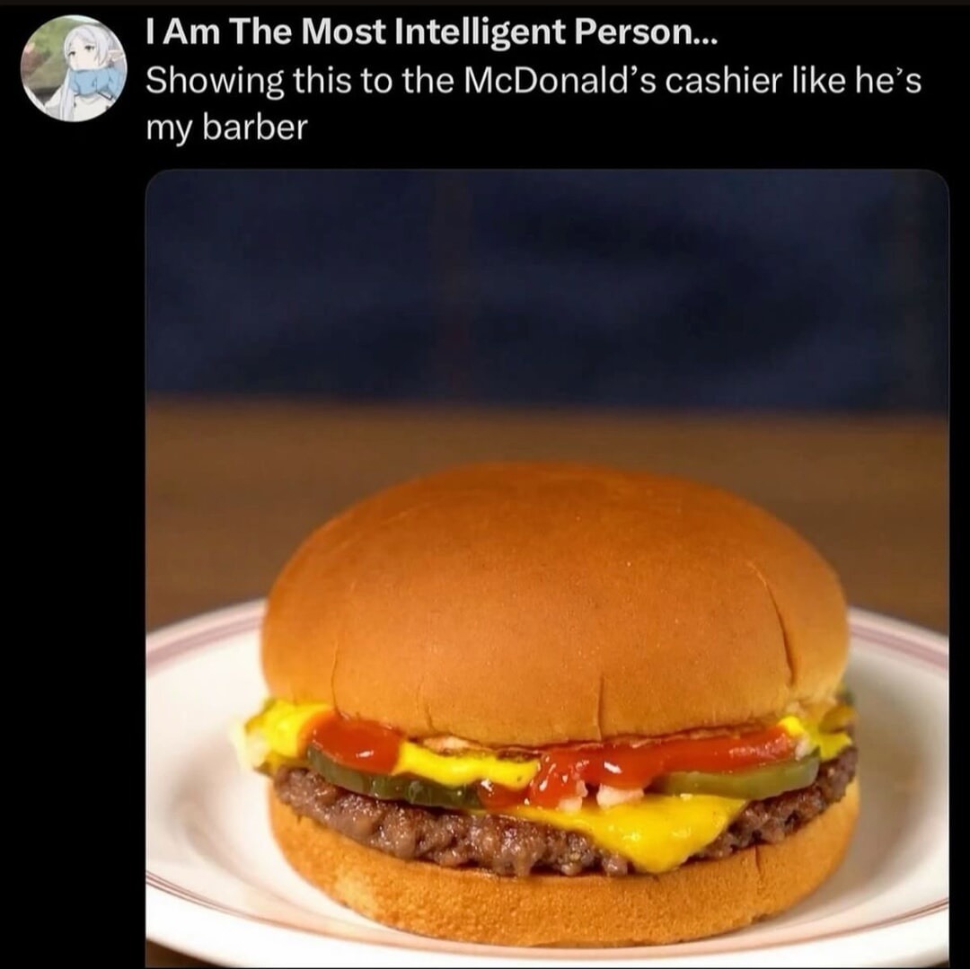 I Am The Most Intelligent Person... Showing this to the McDonald's cashier like he's my barber. Image of a McDonald's cheeseburger.