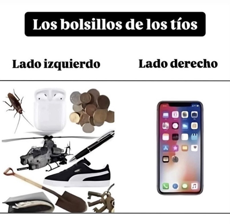 Los bolsillos de los tíos. Lado izquierdo: cucaracha, AirPods, monedas, helicóptero, bolígrafo, zapatilla Puma, pala, cartera, llaves. Lado derecho: iPhone.