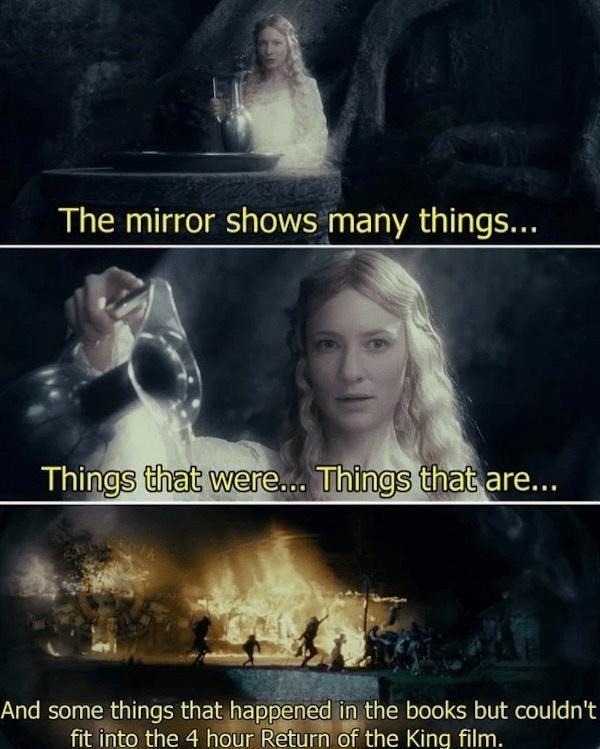 The mirror shows many things... Things that were... Things that are... And some things that happened in the books but couldn't fit into the 4 hour Return of the King film.