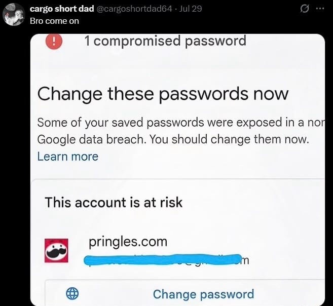 Bro come on. 1 compromised password. Change these passwords now. Some of your saved passwords were exposed in a non-Google data breach. You should change them now. Learn more. This account is at risk. pringles.com. Change password.