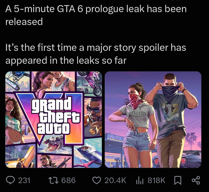 A 5-minute GTA 6 prologue leak has been released. It's the first time a major story spoiler has appeared in the leaks so far.