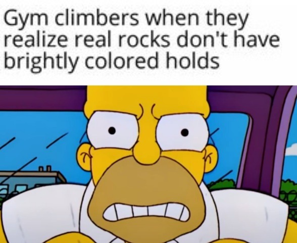 Gym climbers when they realize real rocks don't have brightly colored holds