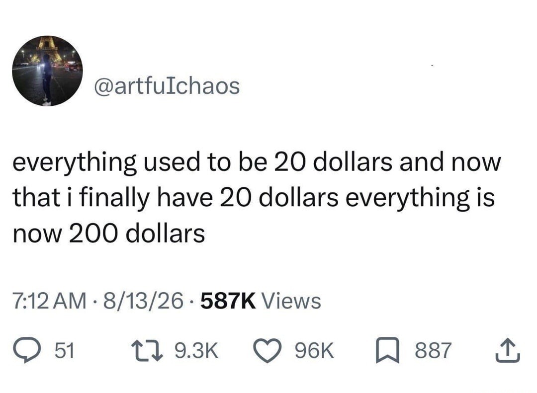 everything used to be 20 dollars and now that i finally have 20 dollars everything is now 200 dollars