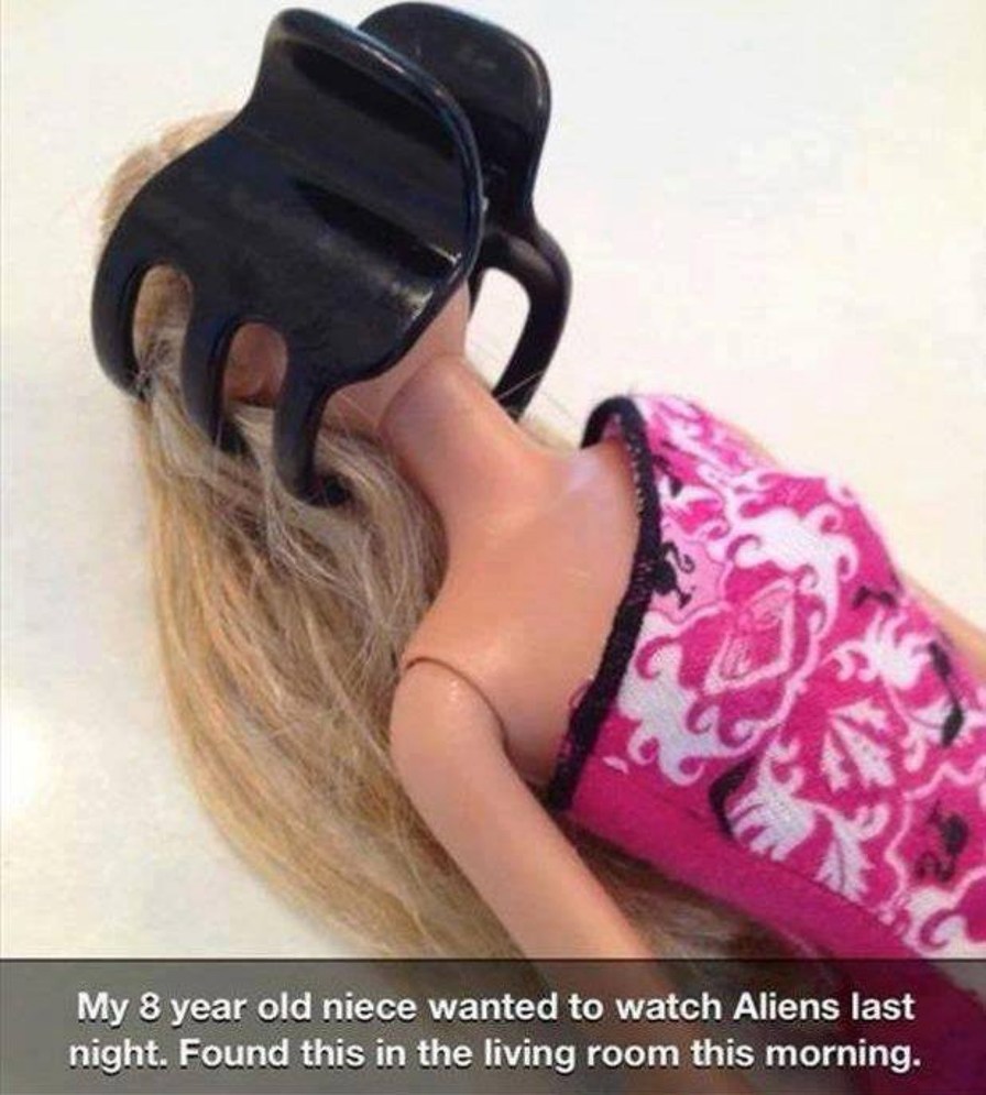 My 8 year old niece wanted to watch Aliens last night. Found this in the living room this morning.