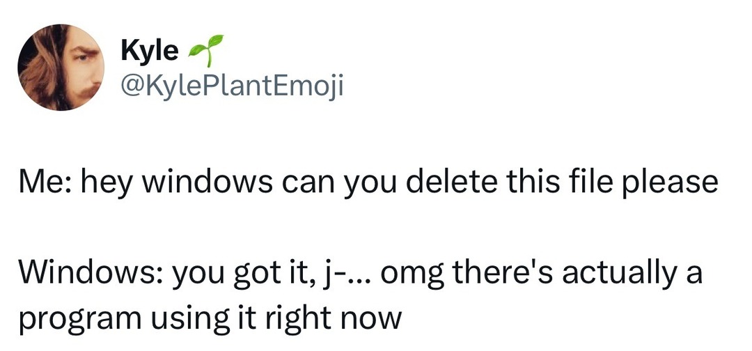 Me: hey windows can you delete this file please Windows: you got it, j-... omg there's actually a program using it right now