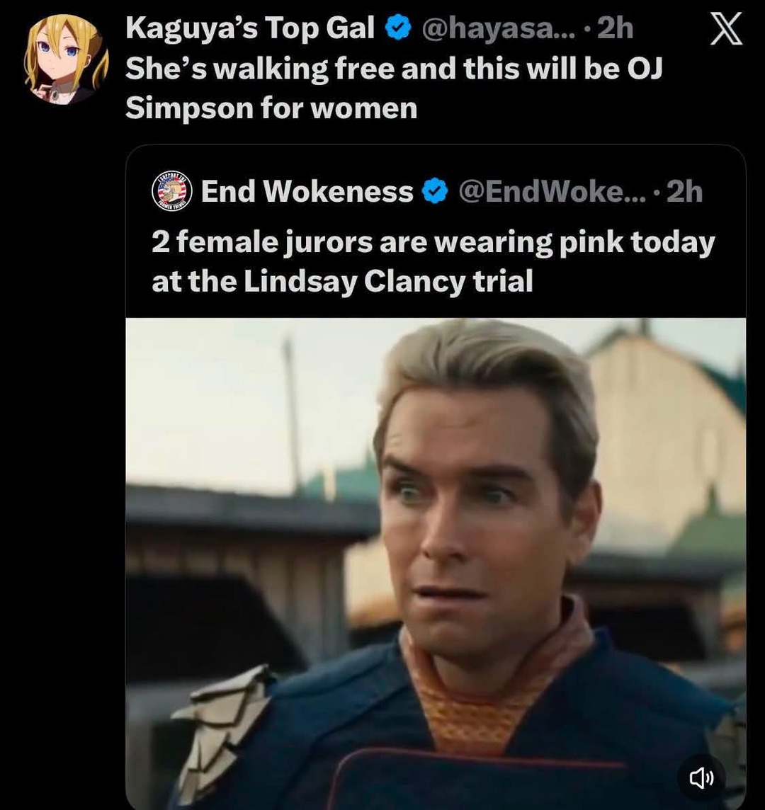 Kaguya's Top Gal @hayasa... 2h She's walking free and this will be OJ Simpson for women End Wokeness @EndWoke... 2h 2 female jurors are wearing pink today at the Lindsay Clancy trial