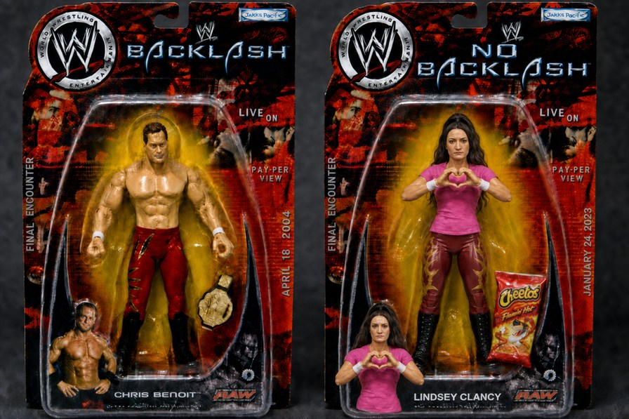 WORLD WRESTLING ENTERTAINMENT WWE BACKLASH NO BACKLASH LIVE ON PAY-PER-VIEW FINAL ENCOUNTER APRIL 18 2004 JANUARY 24 2023 CHRIS BENOIT LINDSEY CLANCY RAW Jakks Pacific Cheetos Flamin' Hot