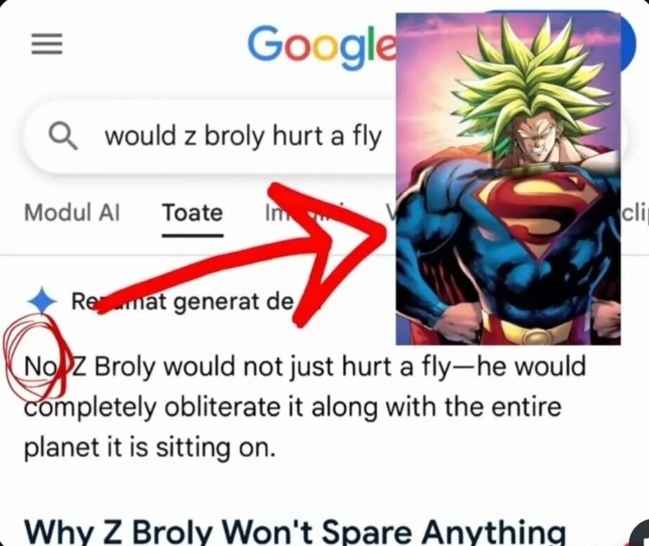 A Google search query 'would z broly hurt a fly' is visible. The AI-generated answer states: 'No Z Broly would not just hurt a fly—he would completely obliterate it along with the entire planet it is sitting on.' Below this, the text 'Why Z Broly Won't Spare Anything' is shown. An image of Broly's head superimposed on Superman's body is overlaid on