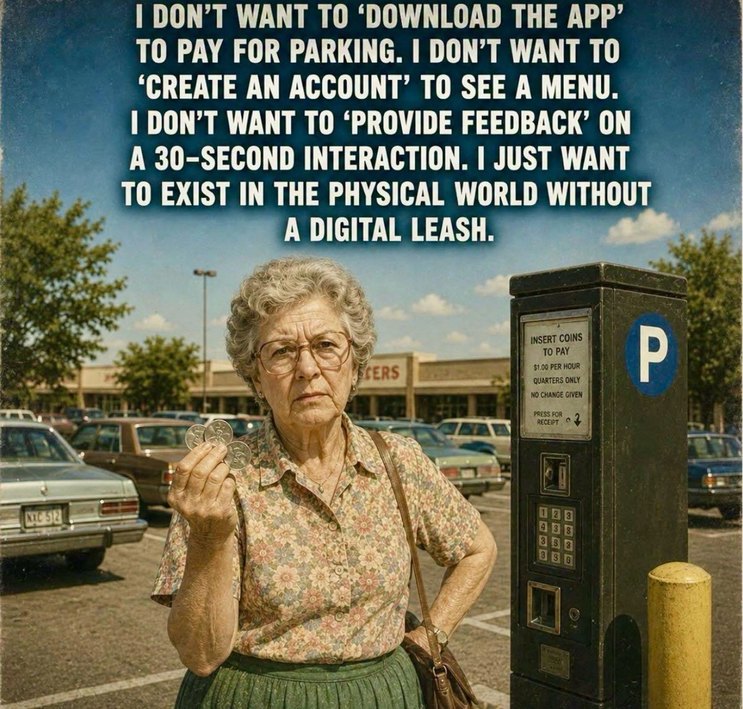 I DON'T WANT TO 'DOWNLOAD THE APP' TO PAY FOR PARKING. I DON'T WANT TO 'CREATE AN ACCOUNT' TO SEE A MENU. I DON'T WANT TO 'PROVIDE FEEDBACK' ON A 30-SECOND INTERACTION. I JUST WANT TO EXIST IN THE PHYSICAL WORLD WITHOUT A DIGITAL LEASH. INSERT COINS TO PAY $1.00 PER HOUR QUARTERS ONLY NO CHANGE GIVEN PRESS FOR RECEIPT