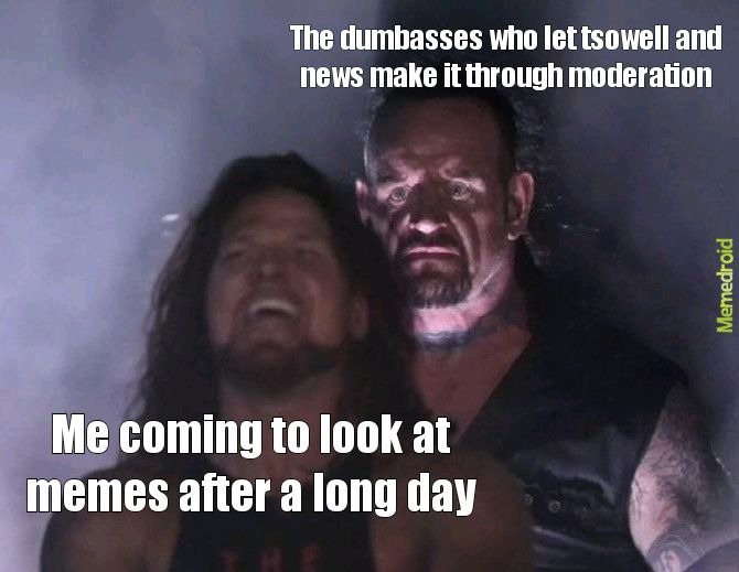 The dumbasses who let tsowell and news make it through moderation. Me coming to look at memes after a long day.