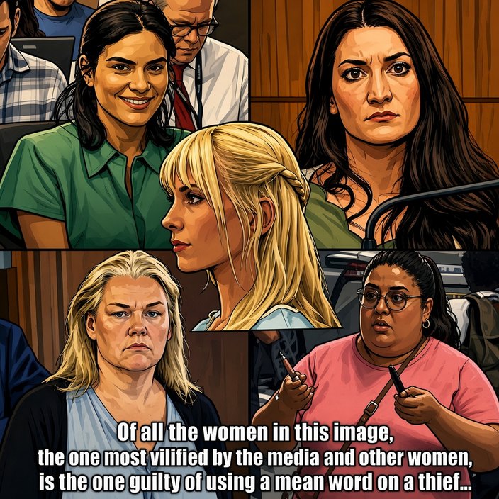 Of all the women in this image, the one most vilified by the media and other women, is the one guilty of using a mean word on a thief...
