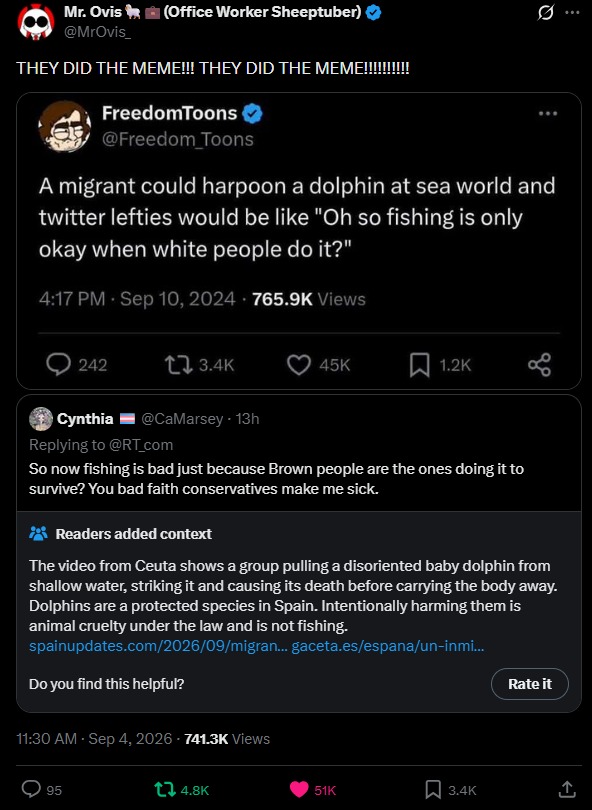 Mr. Ovis (Office Worker Sheepluber) @MrOvis_ THEY DID THE MEME!!! THEY DID THE MEME!!!!!!!! FreedomToons @Freedom_Toons A migrant could harpoon a dolphin at sea world and twitter lefties would be like 