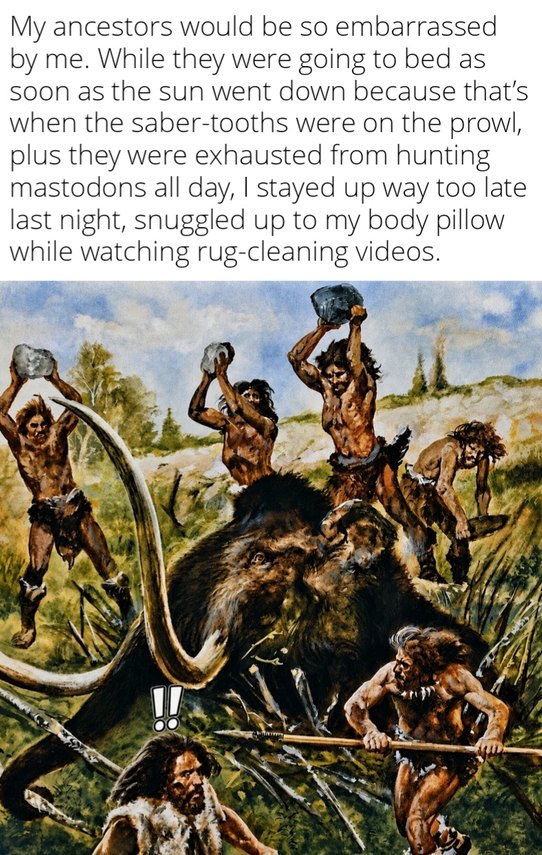 My ancestors would be so embarrassed by me. While they were going to bed as soon as the sun went down because that's when the saber-tooths were on the prowl, plus they were exhausted from hunting mastodons all day, I stayed up way too late last night, snuggled up to my body pillow while watching rug-cleaning videos.