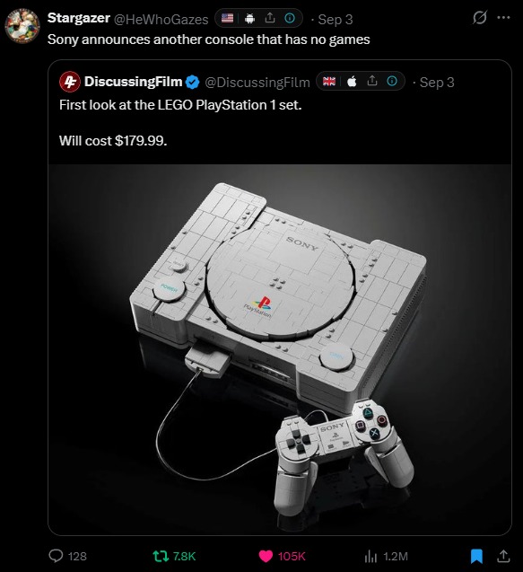 Sony announces another console that has no games. First look at the LEGO PlayStation 1 set. Will cost $179.99.