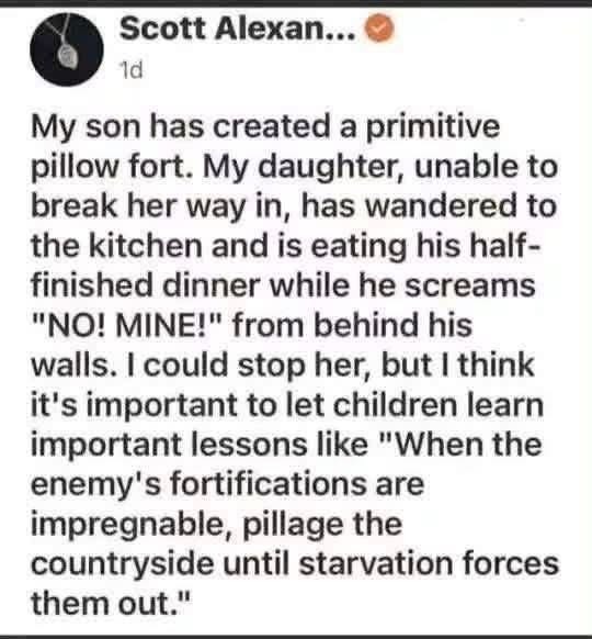 Scott Alexan... 1d My son has created a primitive pillow fort. My daughter, unable to break her way in, has wandered to the kitchen and is eating his half-finished dinner while he screams 