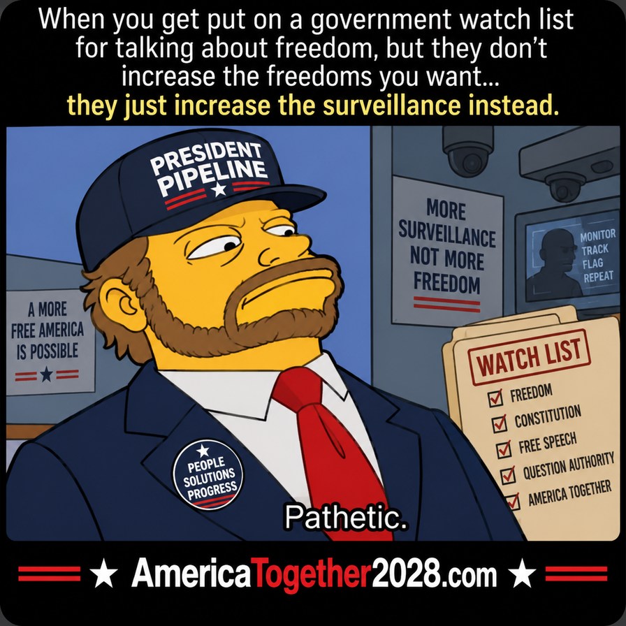 When you get put on a government watch list for talking about freedom, but they don't increase the freedoms you want... they just increase the surveillance instead. PRESIDENT PIPELINE. PEOPLE SOLUTIONS PROGRESS. A MORE FREE AMERICA IS POSSIBLE. MORE SURVEILLANCE NOT MORE FREEDOM. MONITOR TRACK FLAG REPEAT. WATCH LIST: FREEDOM, CONSTITUTION, FREE SP