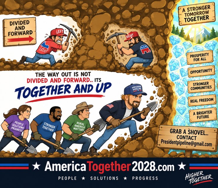 DIVIDED AND FORWARD LEFT RIGHT THE WAY OUT IS NOT DIVIDED AND FORWARD.. ITS TOGETHER AND UP A STRONGER TOMORROW TOGETHER PROSPERITY FOR ALL OPPORTUNITY STRONGER COMMUNITIES REAL FREEDOM A BRIGHTER FUTURE GRAB A SHOVEL.. CONTACT Presidentpipeline@gmail.com PRESIDENT PIPELINE PEOPLE SOLUTIONS PROGRESS STRONGER TOGETHER RURAL AMERICA MATTERS AmericaTo
