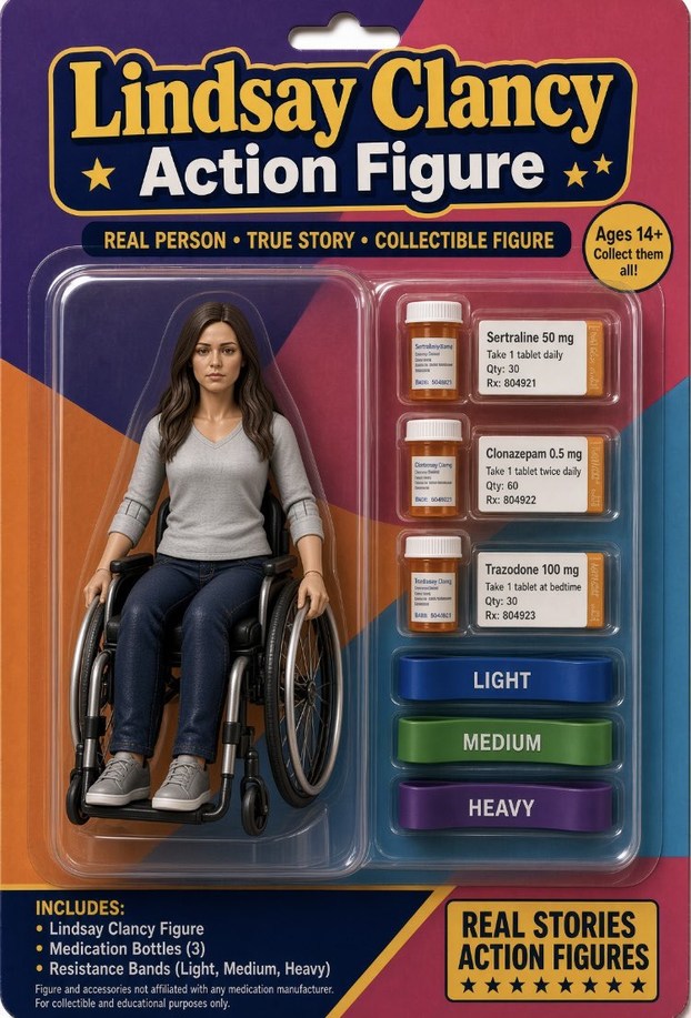 Lindsay Clancy Action Figure. REAL PERSON • TRUE STORY • COLLECTIBLE FIGURE. Ages 14+ Collect them all! Sertraline 50 mg Take 1 tablet daily Qty: 30 Rx: 804921. Clonazepam 0.5 mg Take 1 tablet twice daily Qty: 60 Rx: 804922. Trazodone 100 mg Take 1 tablet at bedtime Qty: 30 Rx: 804923. LIGHT. MEDIUM. HEAVY. INCLUDES: Lindsay Clancy Figure, Medicati