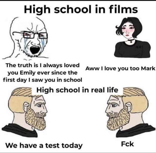 High school in films. The truth is I always loved you Emily ever since the first day I saw you in school. Aww I love you too Mark. High school in real life. We have a test today. Fck.