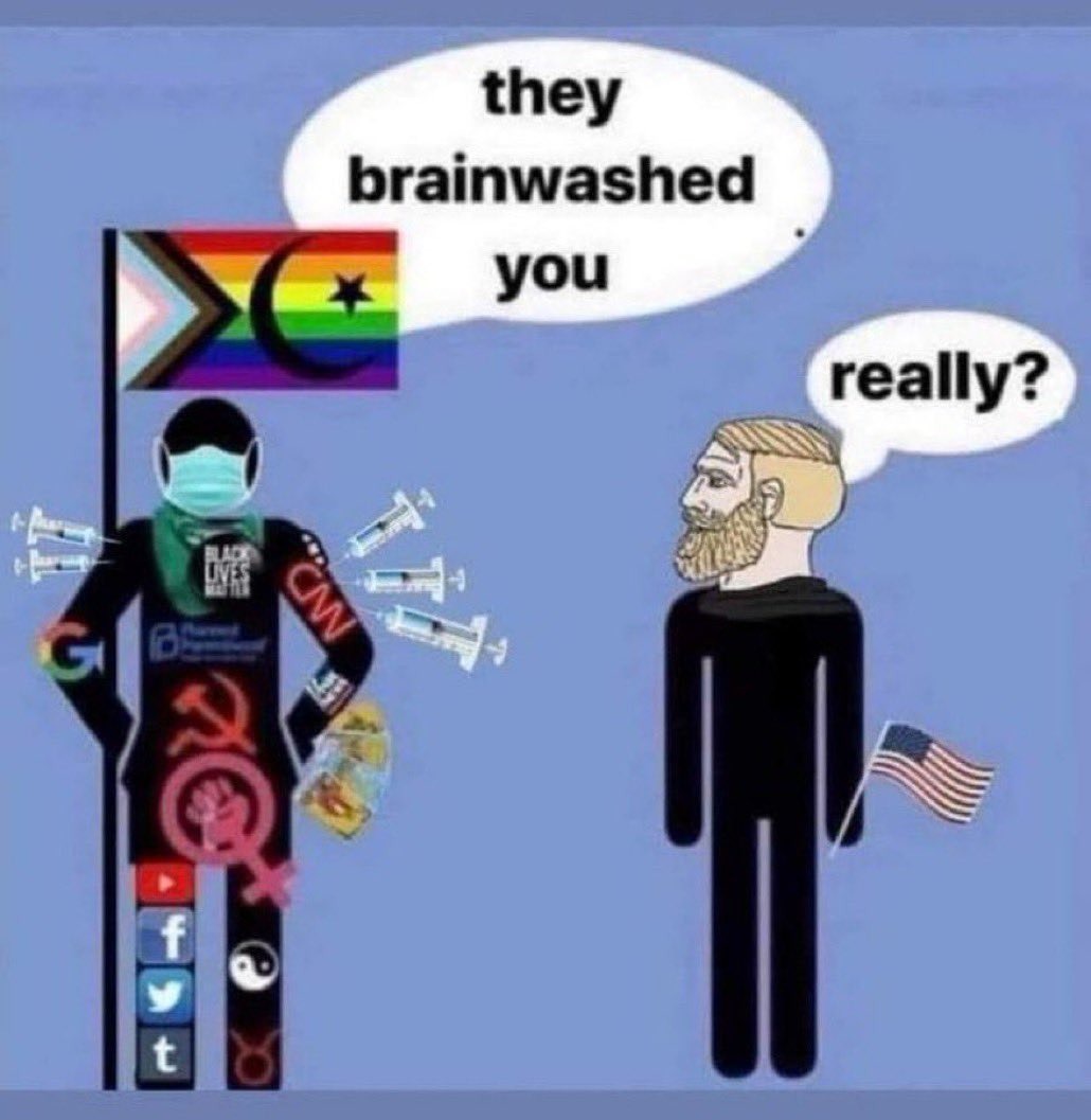 A figure on the left, adorned with various symbols including a Progress Pride flag with an Islamic crescent and star, a face mask, syringes, 'BLACK LIVES MATTER', Google, Planned Parenthood, CNN, a hammer and sickle, a female gender symbol, YouTube, Facebook, Twitter, TikTok, Yin and Yang, and a Taurus symbol, says 'they brainwashed you'. A figure 