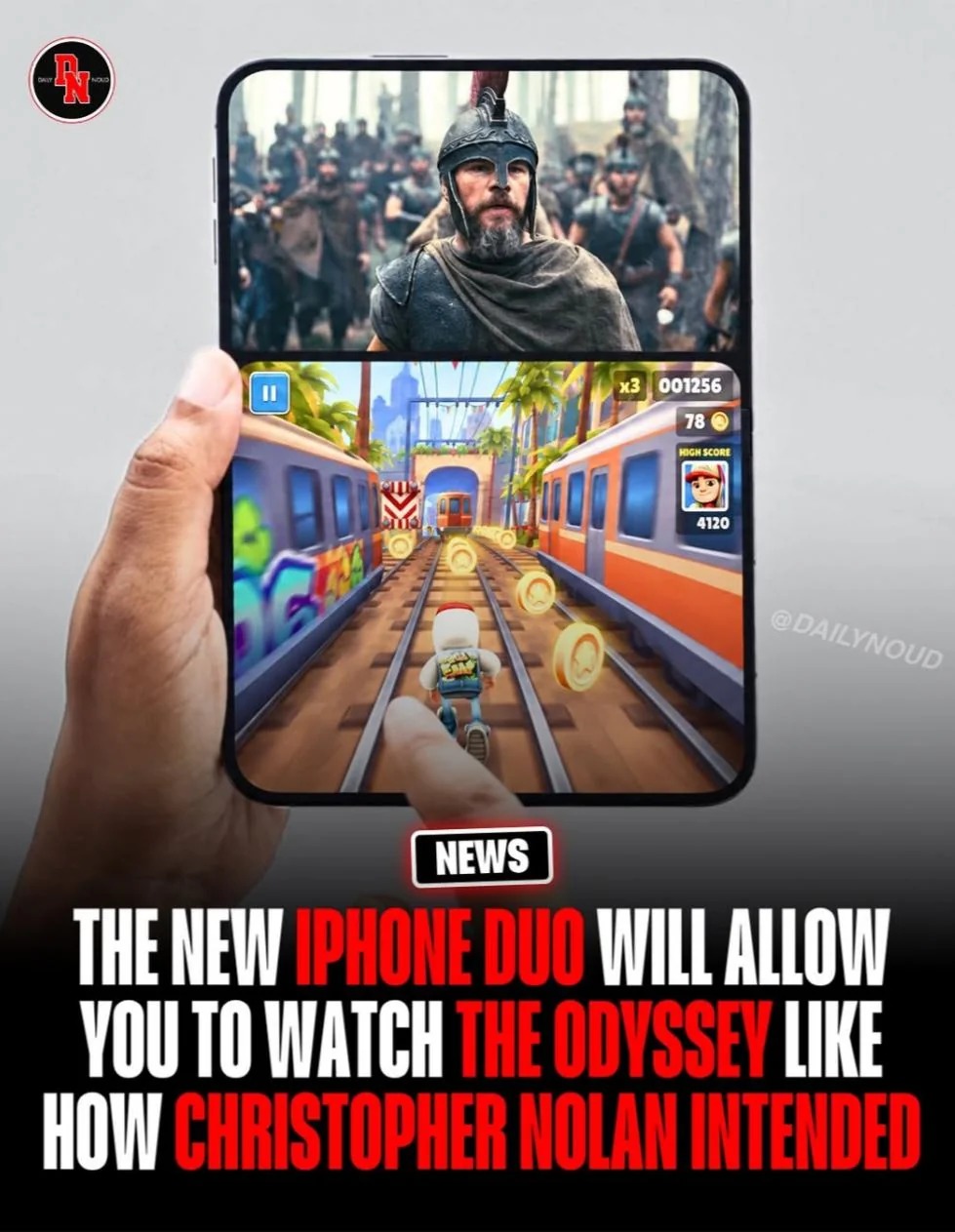 NEWS THE NEW IPHONE DUO WILL ALLOW YOU TO WATCH THE ODYSSEY LIKE HOW CHRISTOPHER NOLAN INTENDED DAILY NOUD x3 001256 78 HIGH SCORE 4120. The image shows a hand holding a smartphone with two screens. The top screen displays a scene from a historical movie with a man in armor and other warriors. The bottom screen shows gameplay from the mobile game S