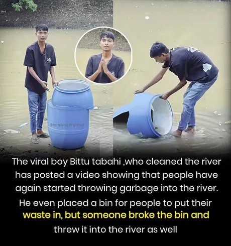 The viral boy Bittu tabahi, who cleaned the river has posted a video showing that people have again started throwing garbage into the river. He even placed a bin for people to put their waste in, but someone broke the bin and threw it into the river as well.