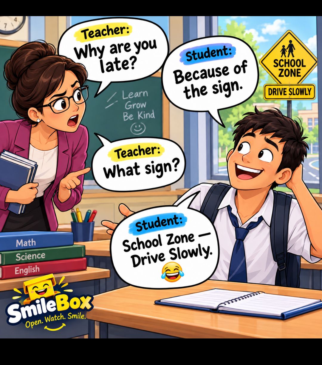Teacher: Why are you late? Student: Because of the sign. Teacher: What sign? Student: School Zone — Drive Slowly. Learn Grow Be Kind. Math. Science. English. SCHOOL ZONE. DRIVE SLOWLY. SmileBox. Open. Watch. Smile.