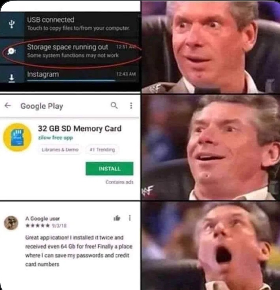 USB connected. Touch to copy files to/from your computer. Storage space running out. Some system functions may not work. Instagram. Google Play. 32 GB SD Memory Card. zilow free app. Libraries & Demo. #1 Trending. INSTALL. Contains ads. A Google user. Great application! I installed it twice and received even 64 Gb for free! Finally a place where I 