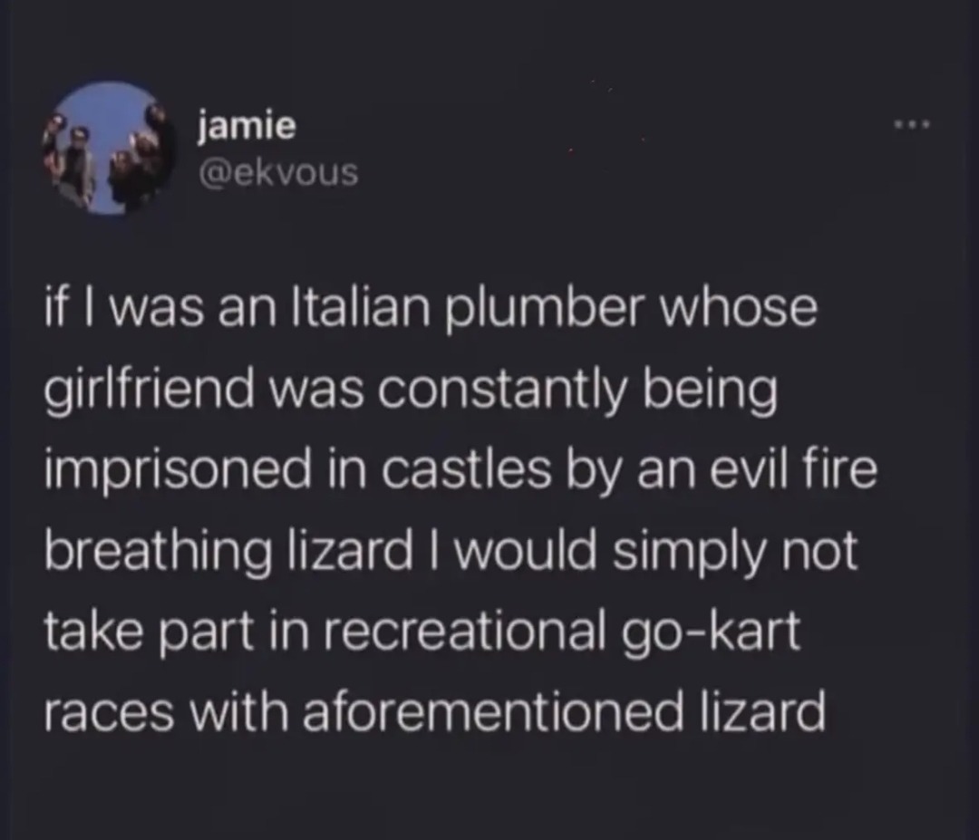 if I was an Italian plumber whose girlfriend was constantly being imprisoned in castles by an evil fire breathing lizard I would simply not take part in recreational go-kart races with aforementioned lizard